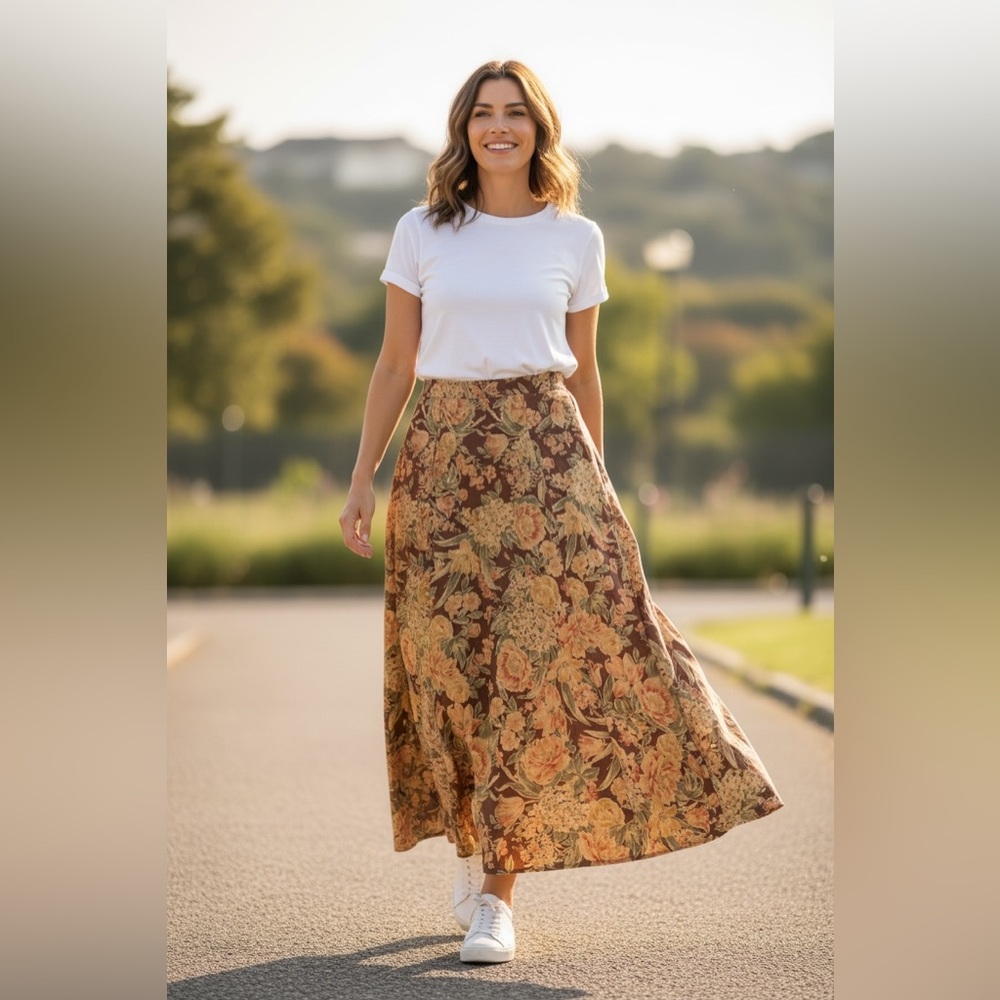 Vintage Floral Brown Maxi Skirt LizSport Size 4 - Picture 6 of 6